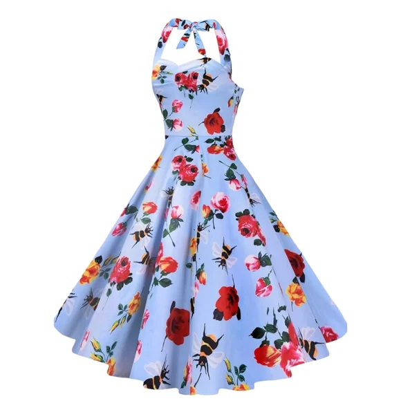 ANNI COCO HALTER 1950S FLORAL BEE PRINT ROCKABILLY COCKTAIL SWING DRESS SIZE S - Picture 2 of 16